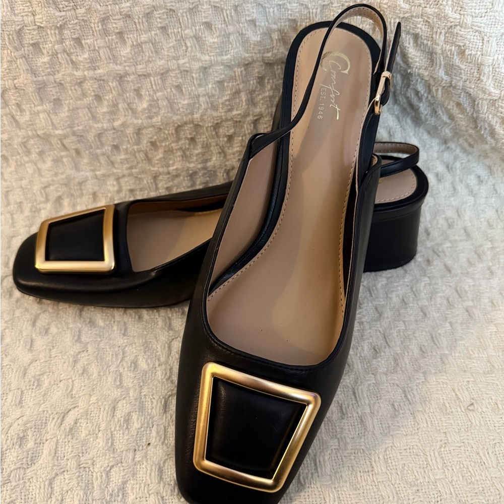 Square Toe Black Slingback Block Heels with Gold Buckle